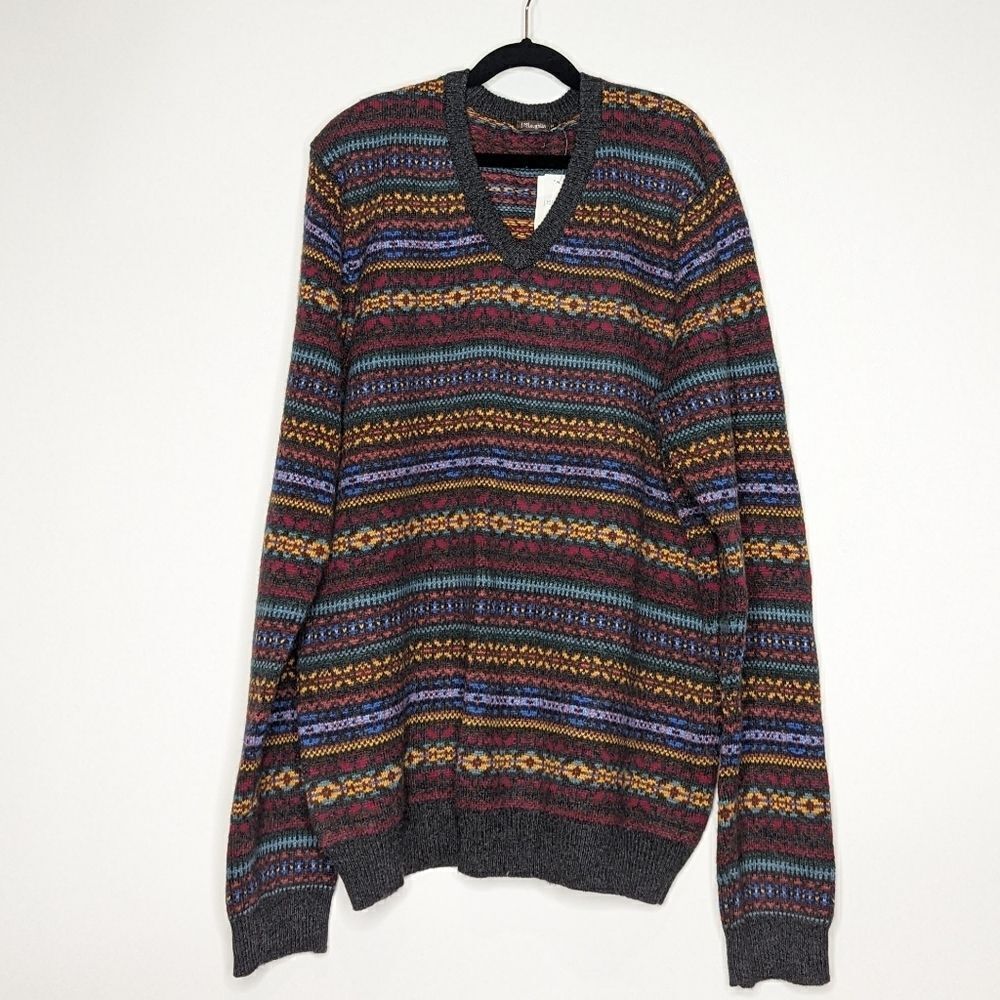 J Mclaughlin Milton Men's V Neck Pullover in FairI Isle Jacquard Knit  Cashmere